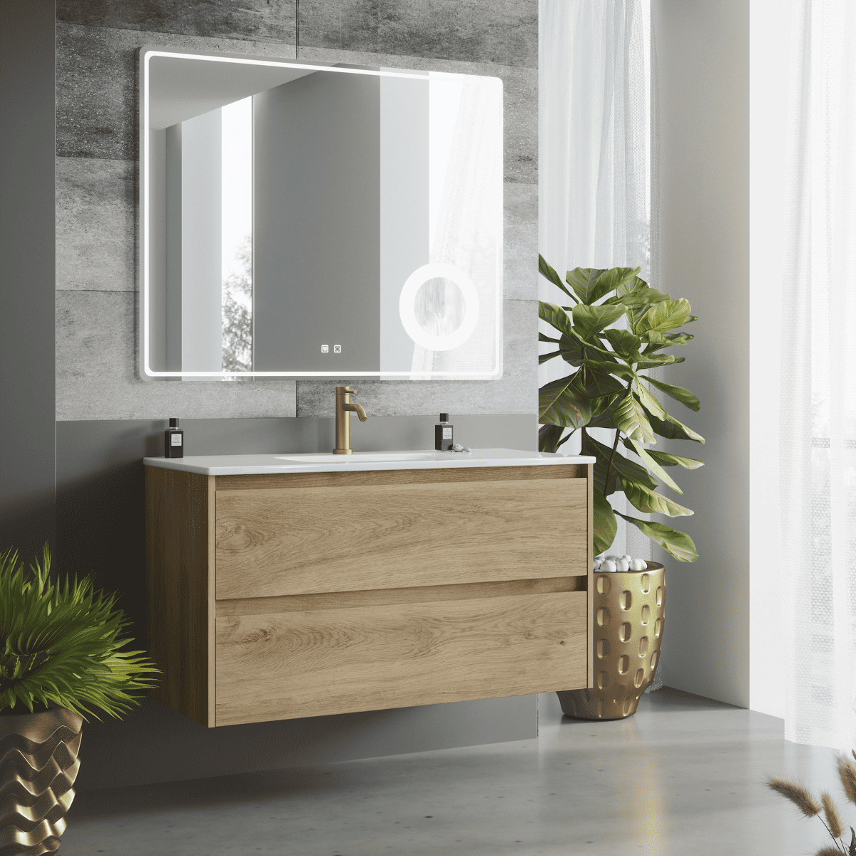 Mueble baño suspendido con lavabo cerámico| 2 cajones| 60 cm roble natural