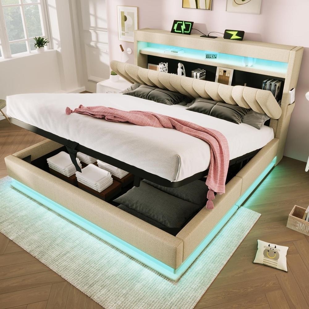 Cama 140x200 cm con LED, usb, hidráulica, beige