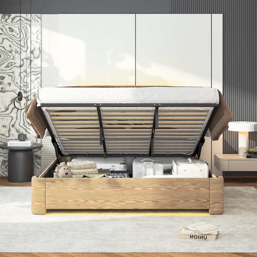 Cama con canapé 180x200cm con luz LED y almacenaje terciopelo - natural