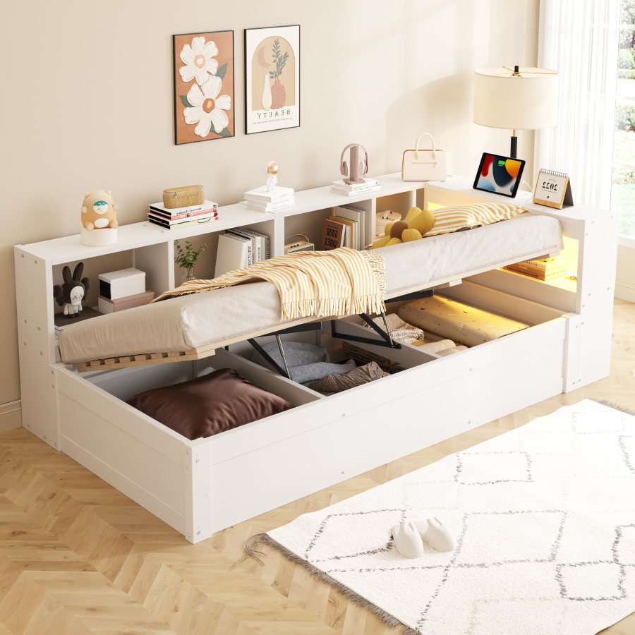 Sofá cama 90x200 cm con LED, enchufe y almacenaje madera y mdf – blanco