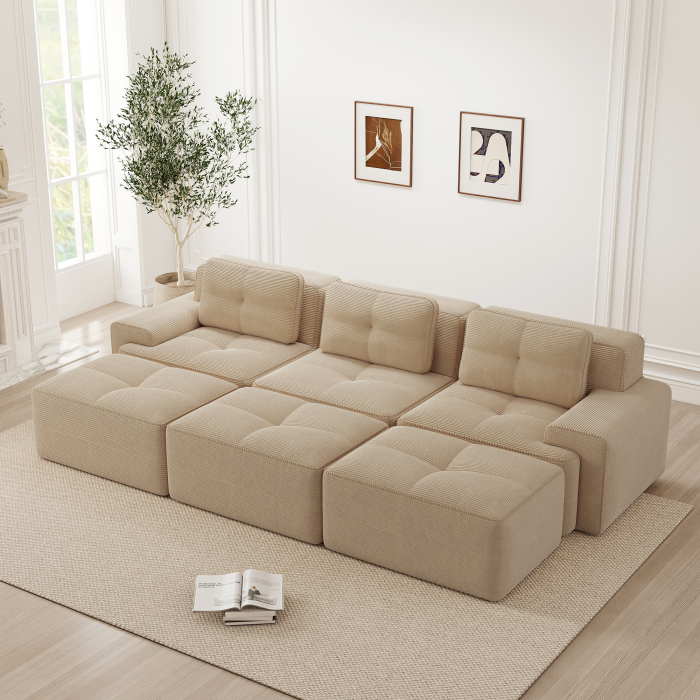 Sofá modular en l de tejido acanalado beige 3 plazas sin montaje