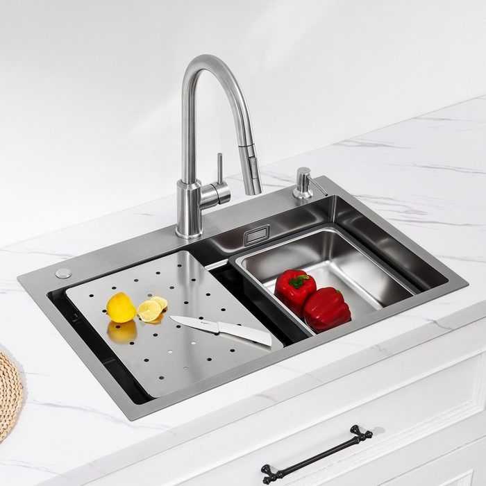 Fregadero de cocina de 70x45 cm, 1,5 senos, escurridor + grifo mezclador de