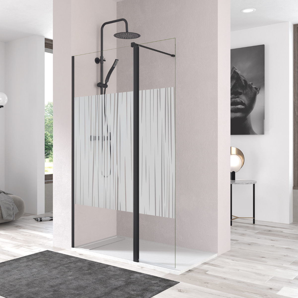 Mampara ducha puerta abatible pivotante 90cm + 40cm serigrafía negro