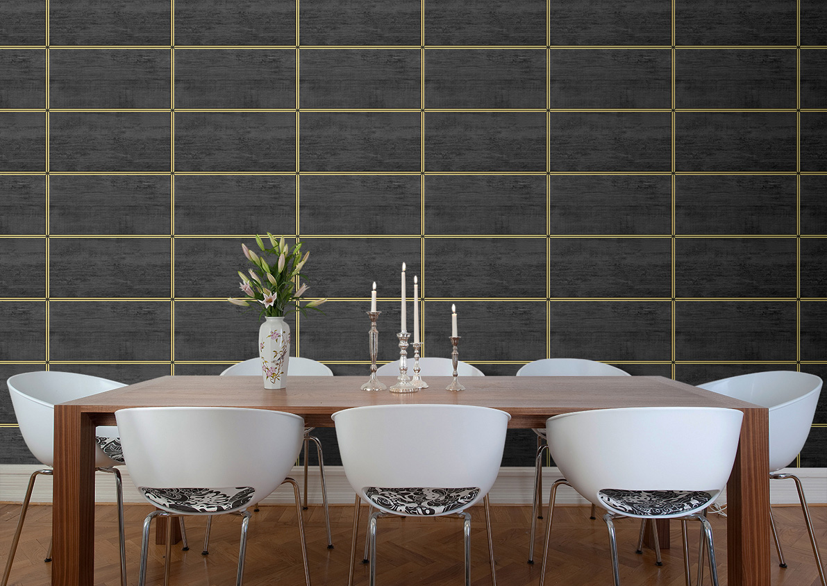 Papel pintado tnt cuarterones de madera wooden panel negro y oro
