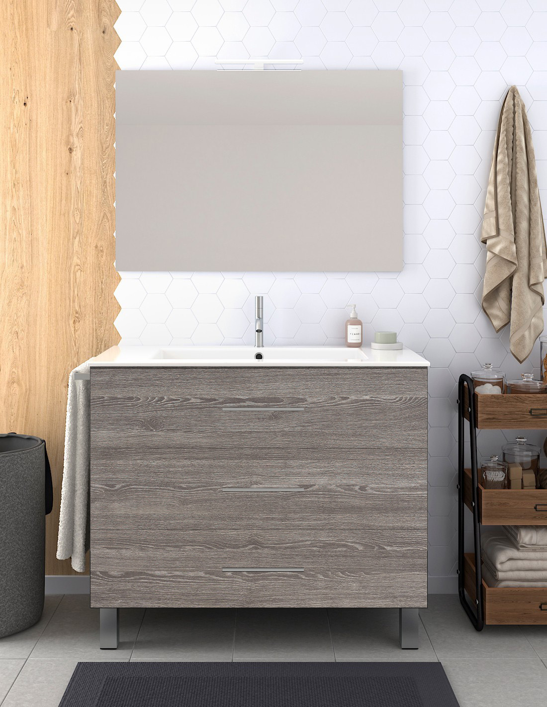Mueble de baño ribera, lavabo y espejo 90x45cm roble smoky