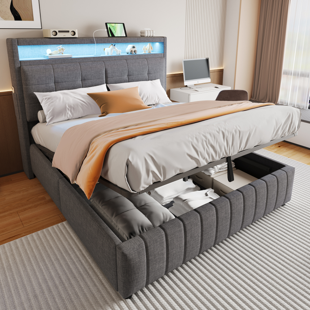 Cama 160x200 con canapé, LED y usb gris chevron estilo