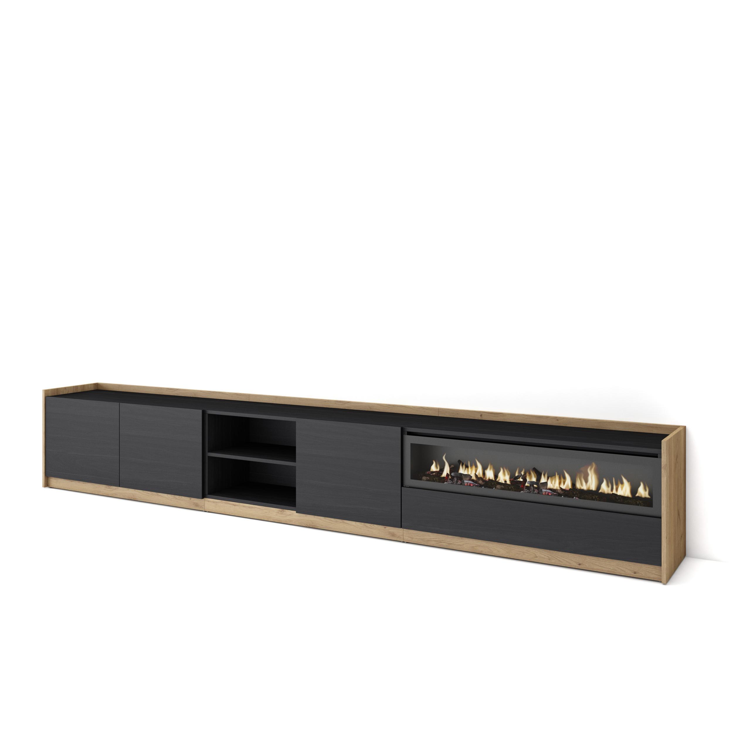 Mueble tv, 310x37x50cm, negro y roble, chimenea eléctrica rf4367