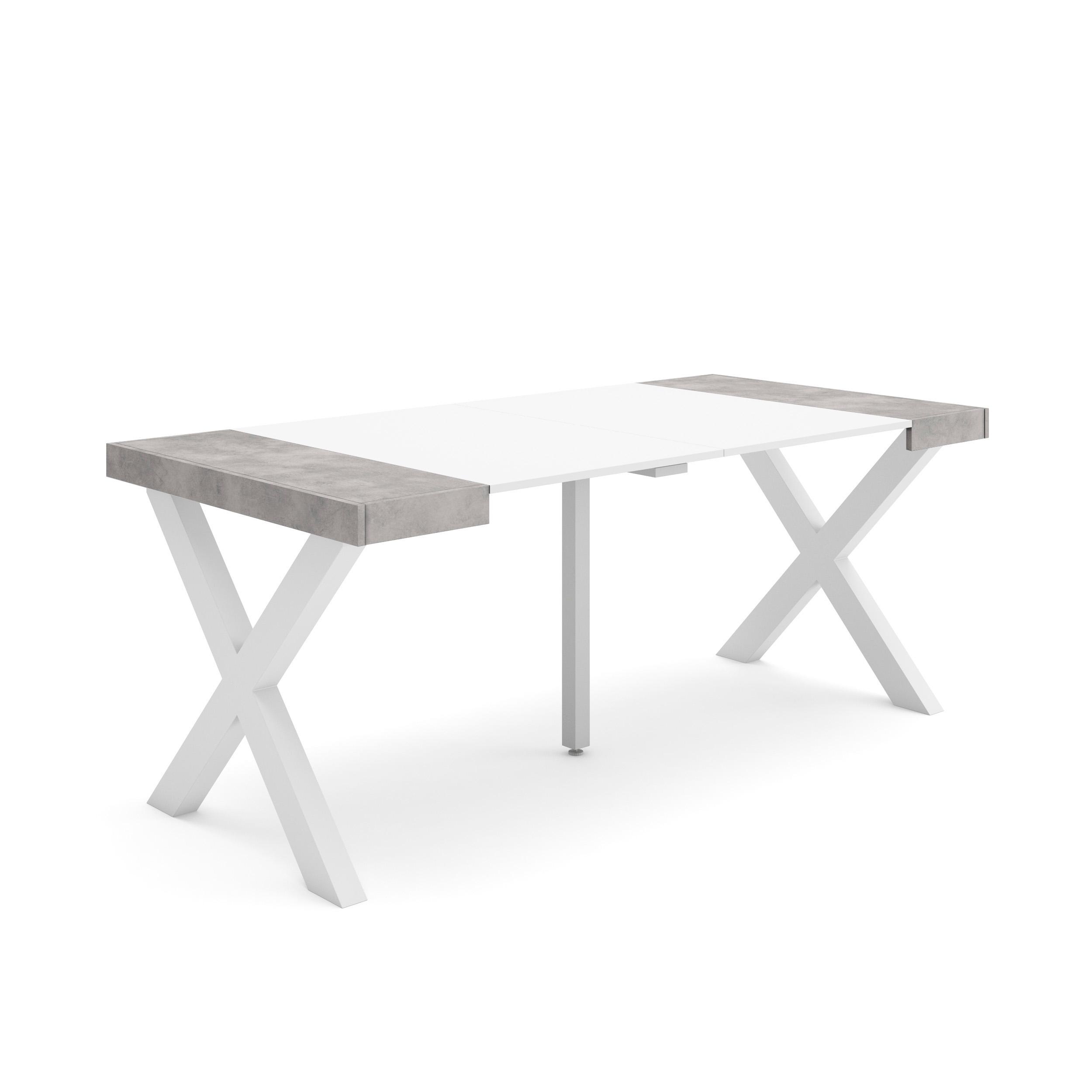 Mesa extensible, 180x90x73cm, blanco y cemento, patas madera maciza rf2769