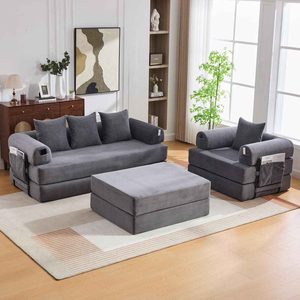 Sofá modular pana gris oscuro 4 plazas con otomana