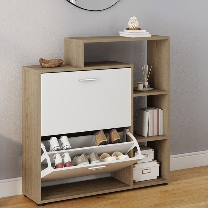 Mueble zapatero de haya blanca, 2 puertas, 90x24x100 cm