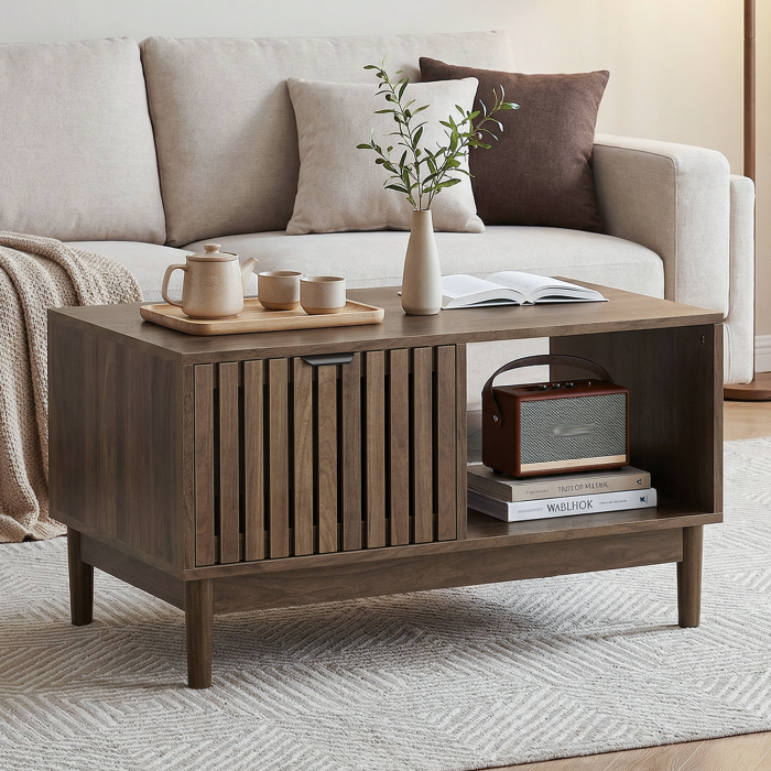 Mesa de centro con 1 cajón y estantes mdf nogal 45x80x50cm