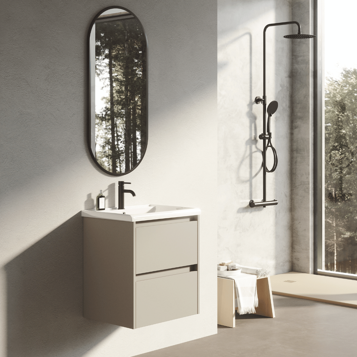 Mueble suspendido fondo reducido con lavabo | 2 cajones | 70 cm moka