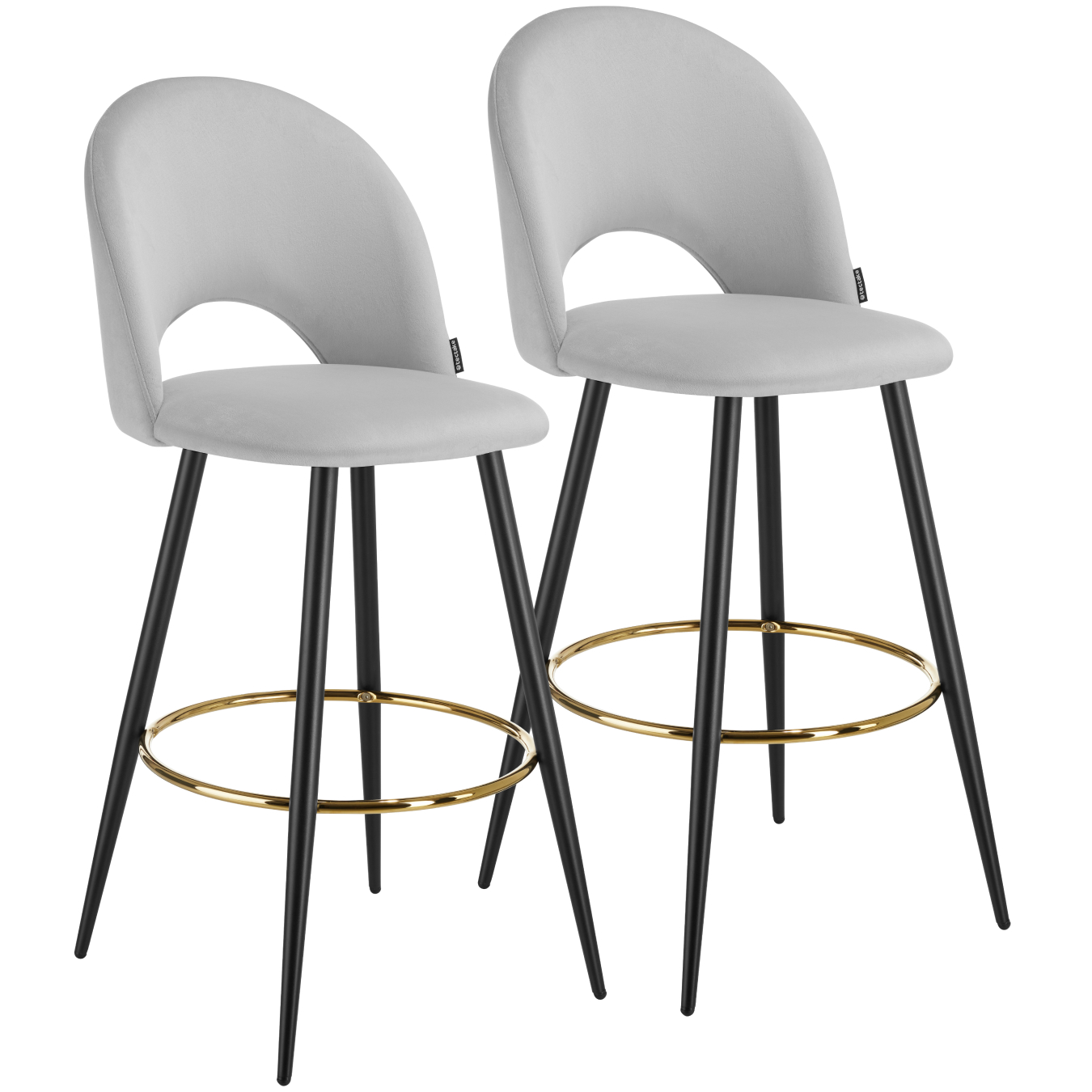 2 taburetes altos de terciopelado, respaldo y reposapiés, gris/negro