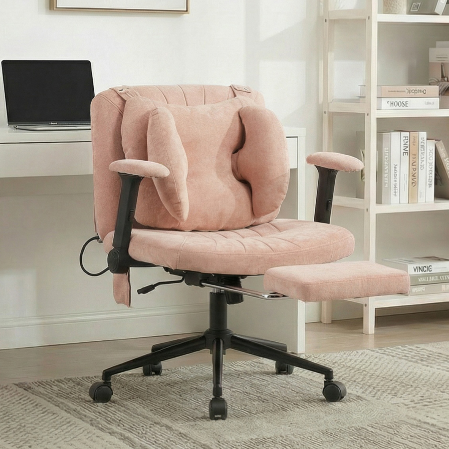 Silla oficina giratoria tela rosa con soporte lumbar y reposapiés