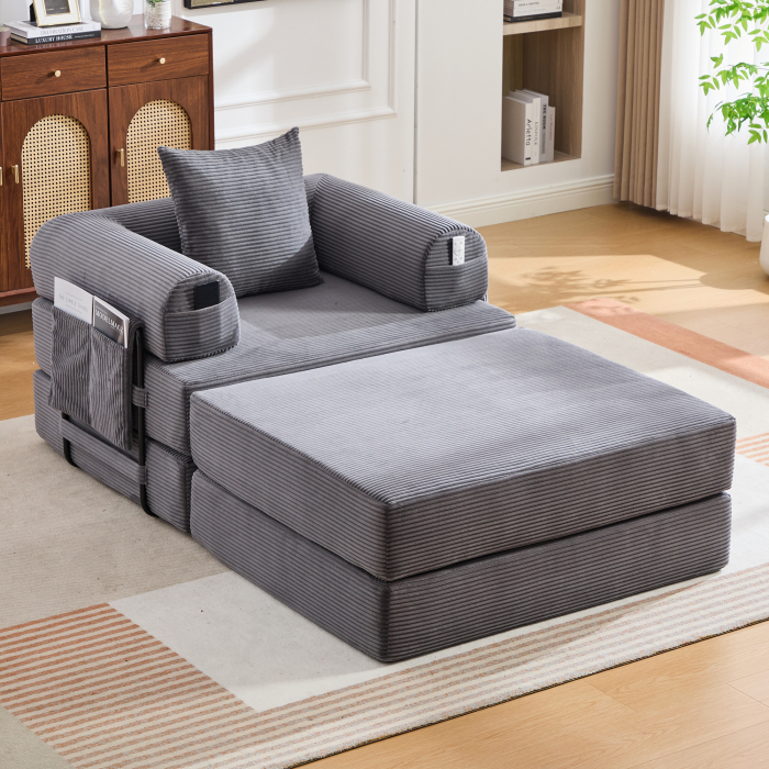 Sillón relax modular de pana gris oscuro con reposapiés y cojín