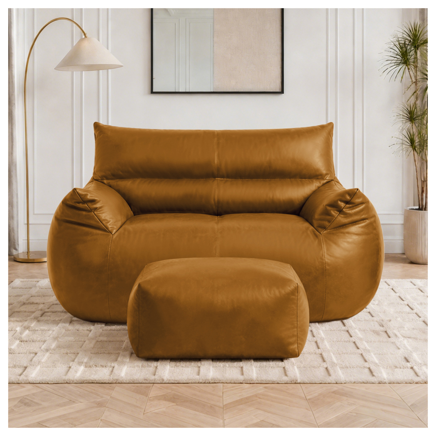 Sillón puff doble con otomana tela técnica marrón 2 plazas