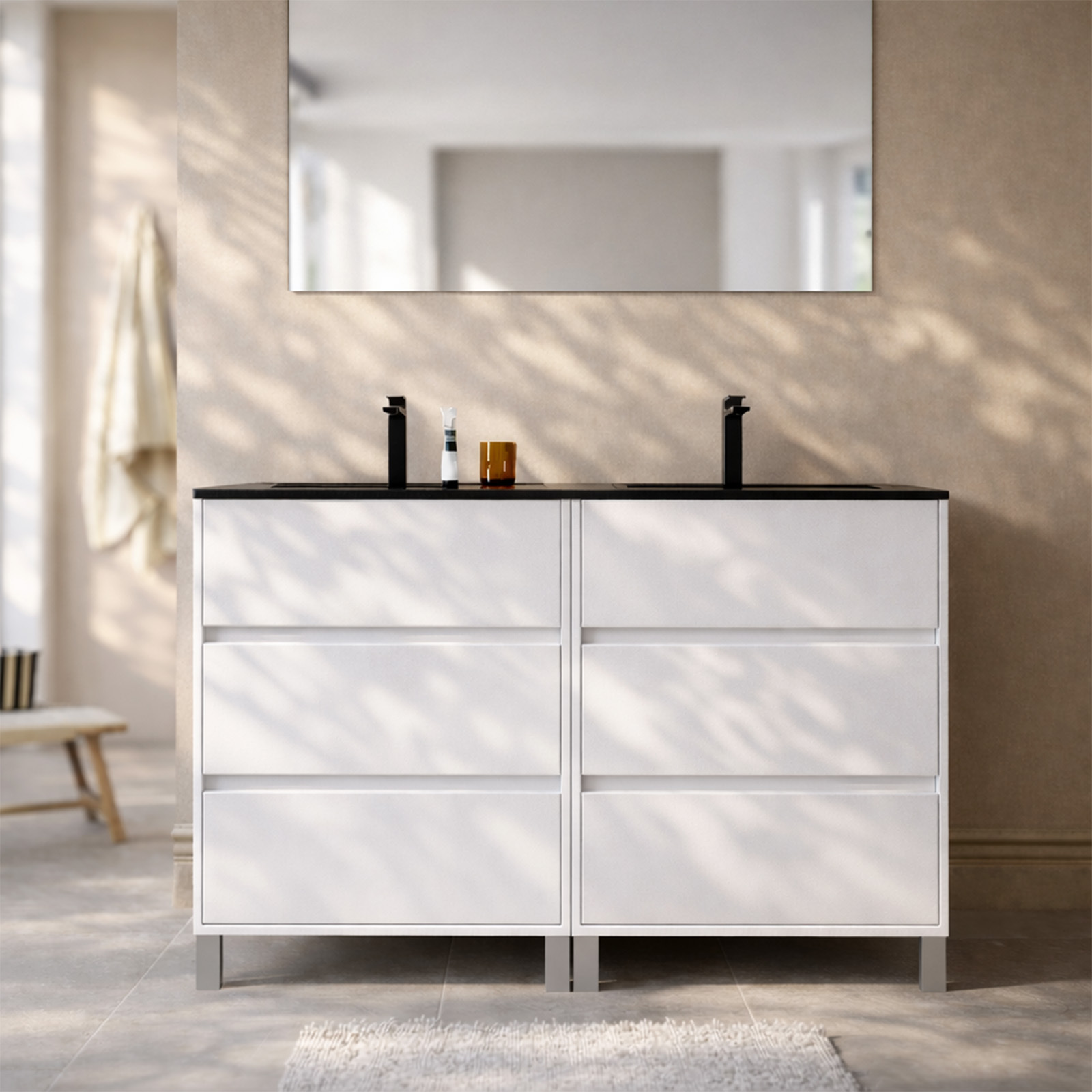 Mueble de baño 120cm blanco con 6 cajones y doble lavabo negro - xenos