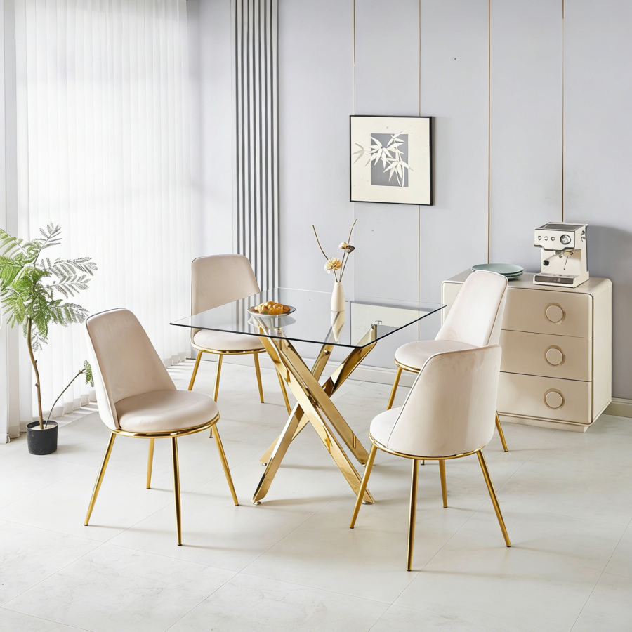 Juego de comedor con 1 mesa y 4 sillas tapizadas dorado