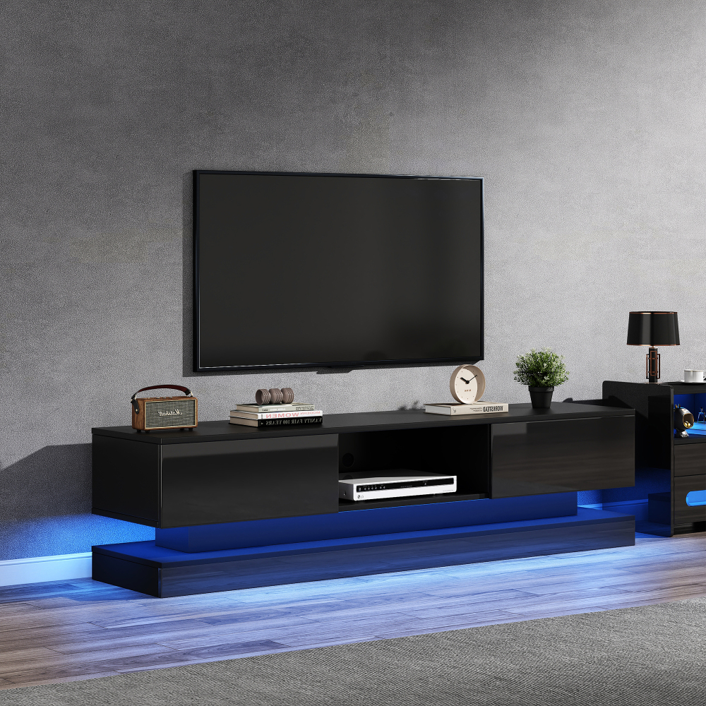Mueble de tv con LED y 2 cajones negro brillo 40,5x160x35cm