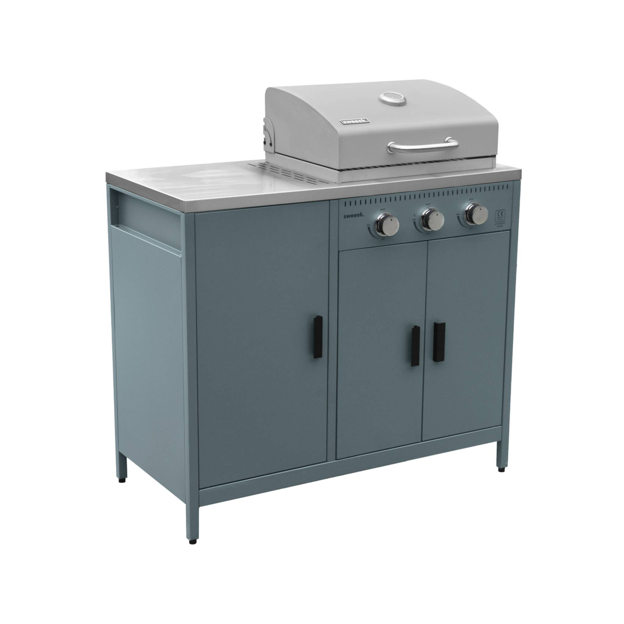 Barbacoa de gas de 3 quemadores con 3 puertas y termómetro azul gris