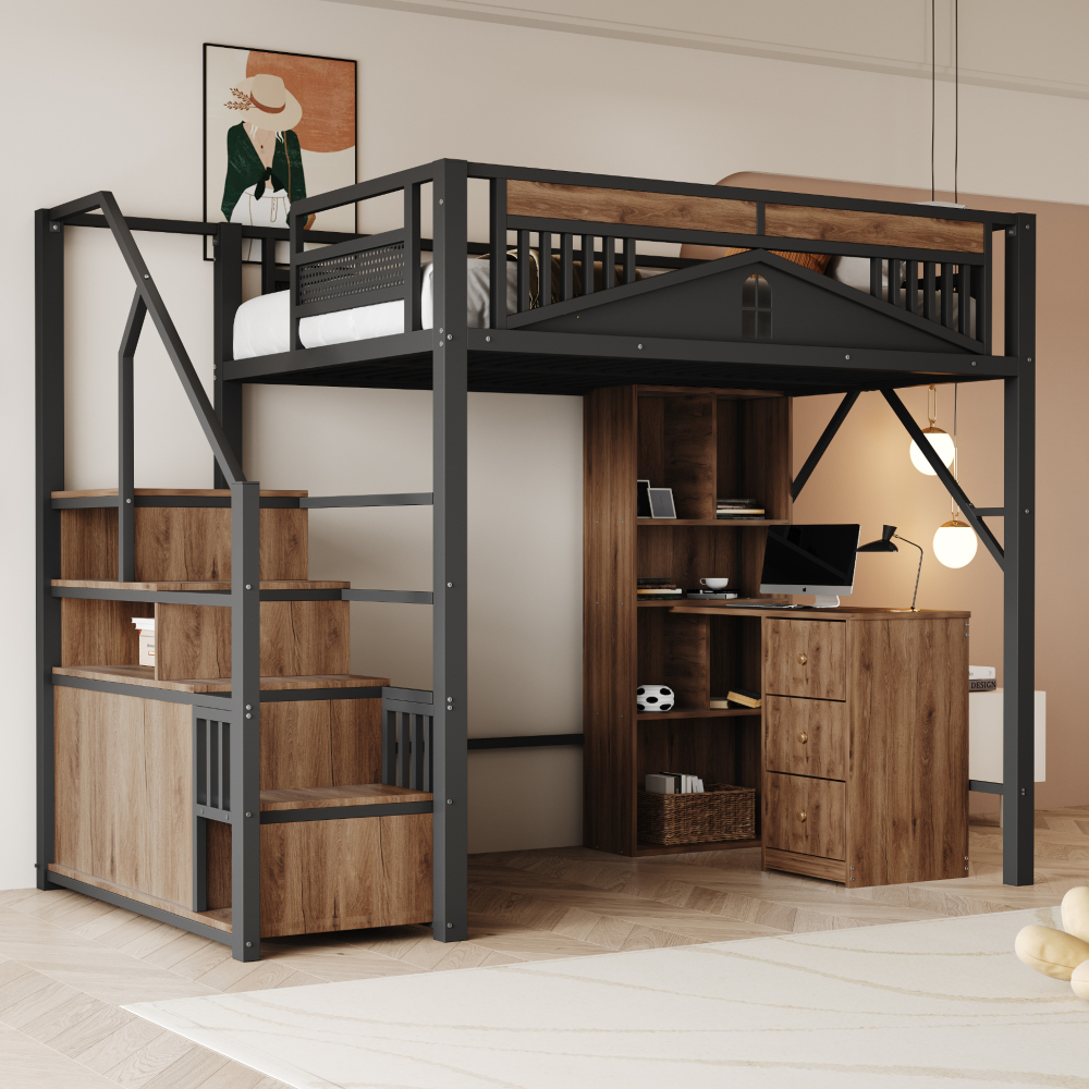 Cama alta metálica 140x200cm con barandilla, escalera de almacenaje negro