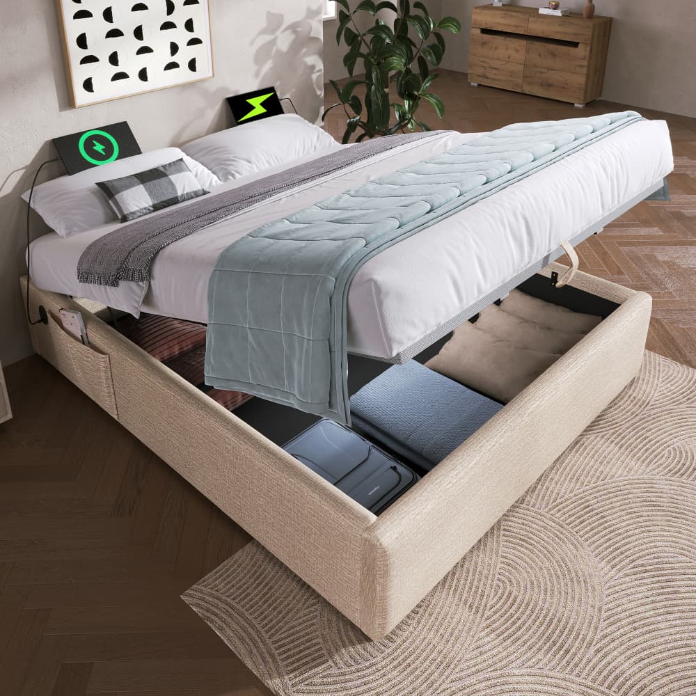 Cama Doble tapizada 140x200 cm con canapé y usb-c lino – natural beige
