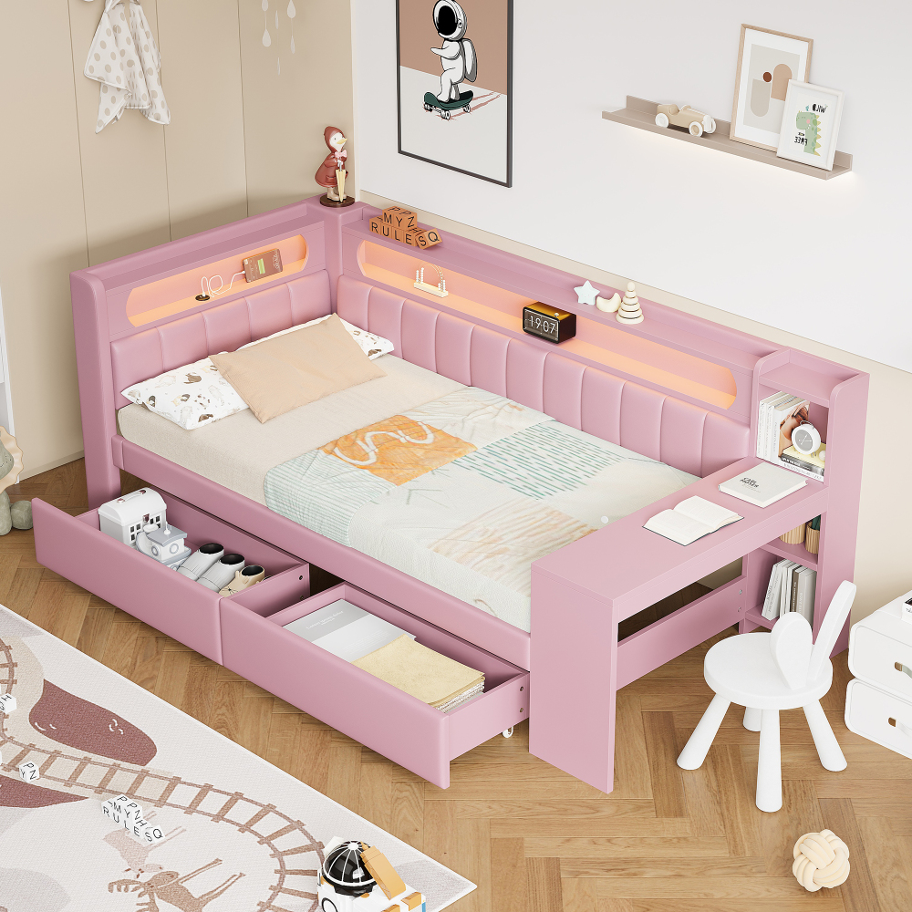 Sofá cama tapizada 90x200cm con LED, usb, escritorio y 2 cajones mdf rosa