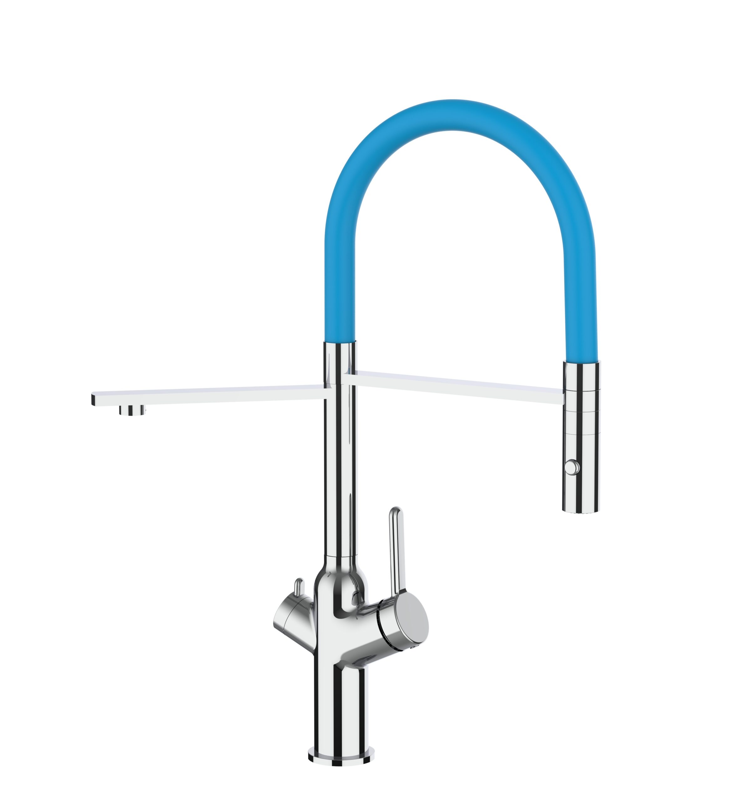 Grifo de cocina 3 vías cromado BOD caño giratorio azul claro ducha 2chorros