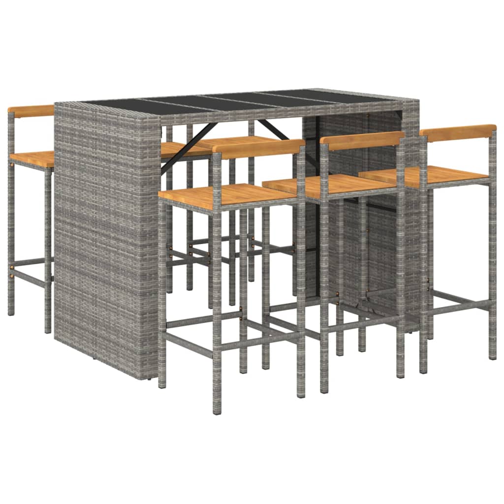 vidaXL mesa bar y taburetes jardín 7 pzas madera acacia ratán pe gris