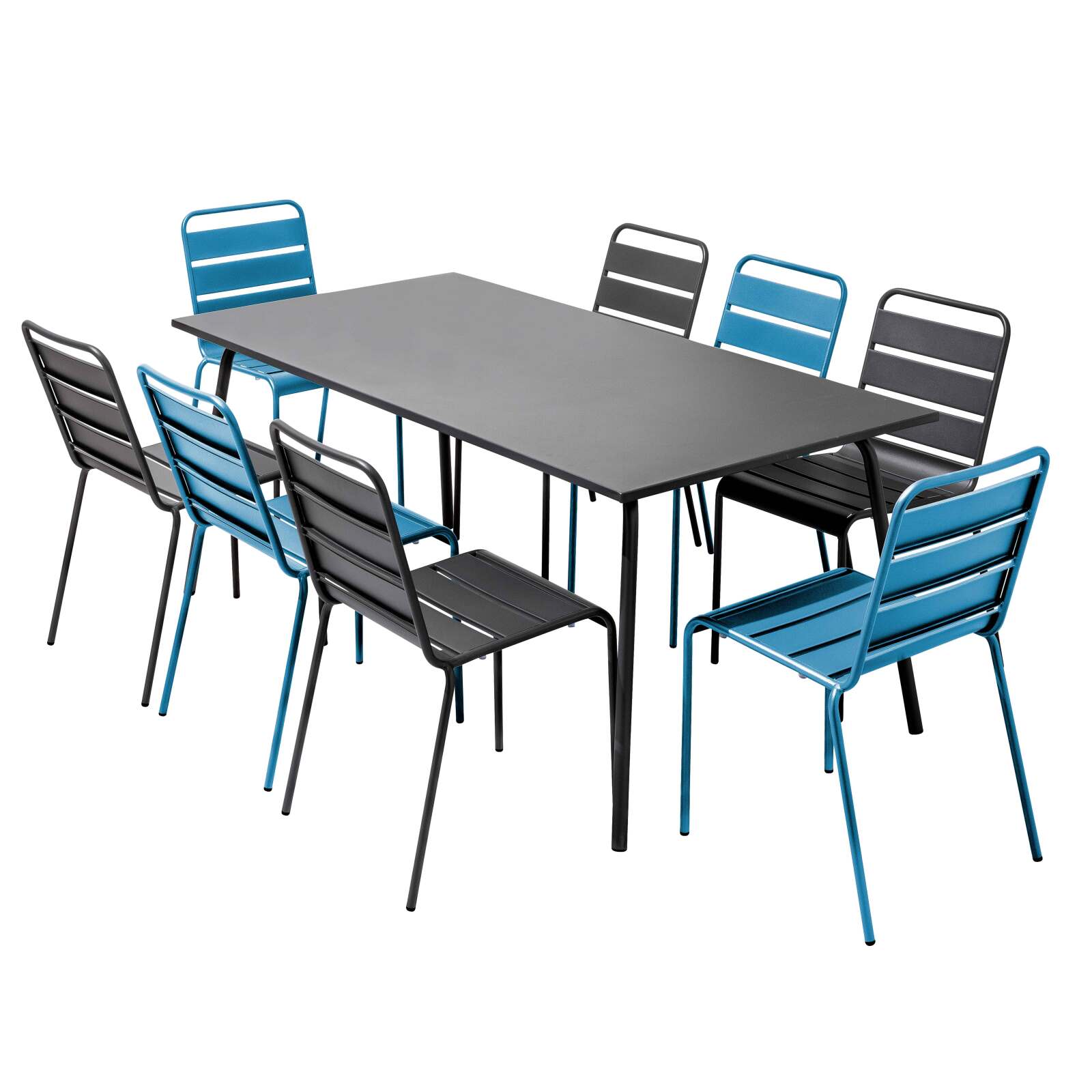 Oviala - conjunto mesa de jardín y 8 sillas de metal gris y azul pacífico