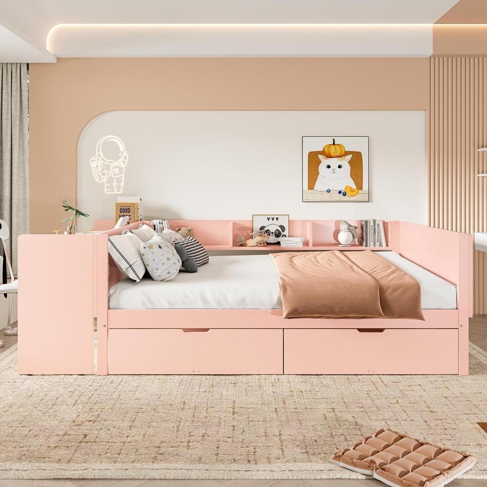 Cama 140x200cm con escritorio integrado, 2 cajones, estantes, rosa