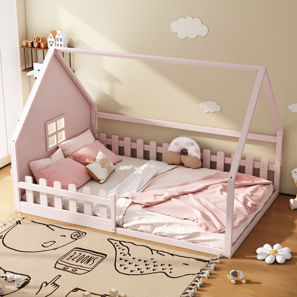 Cama infantil 140x200 cm con diseño casita y barandilla, pino y mdf – rosa
