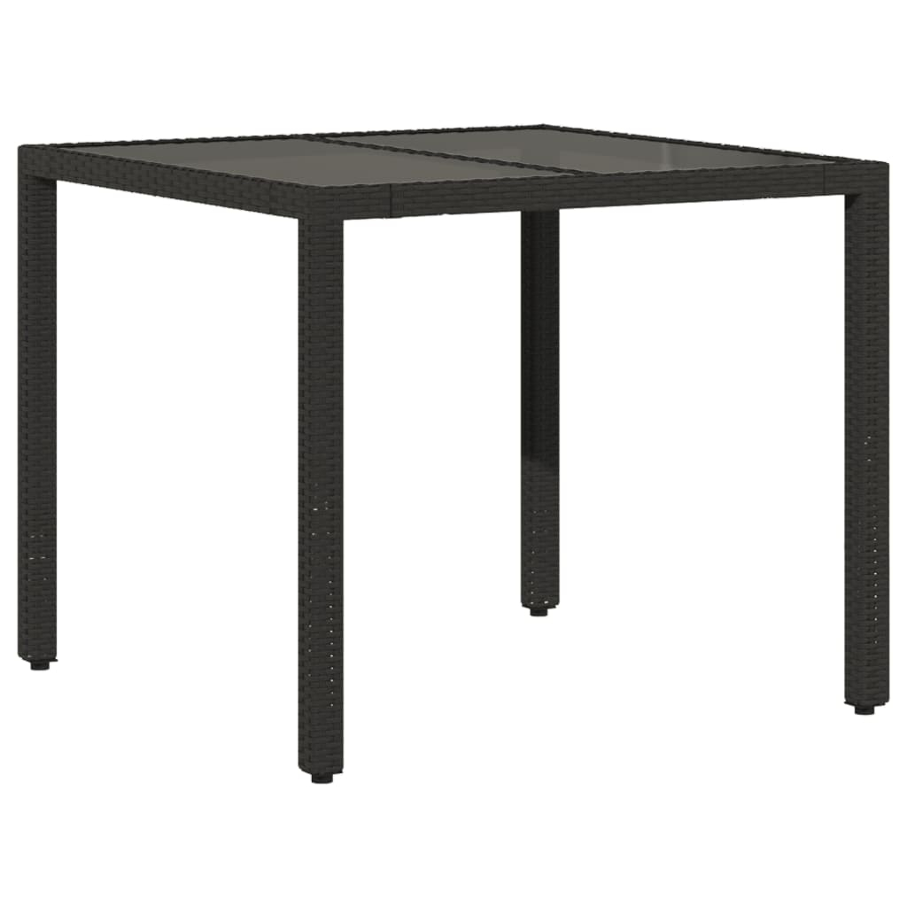 vidaXL mesa de jardín superficie de vidrio ratán pe negro 90x90x75 cm