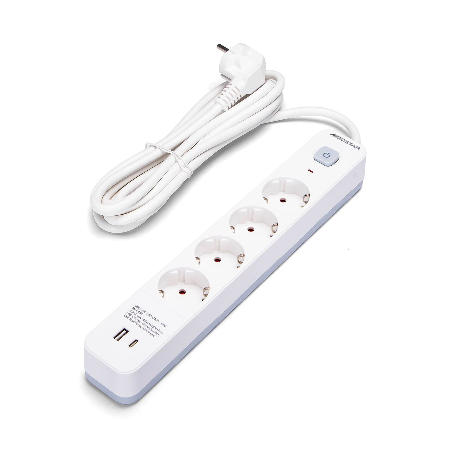 Aigostar regleta alargador 4 enchufes, cable 3m, interruptor usb+type c