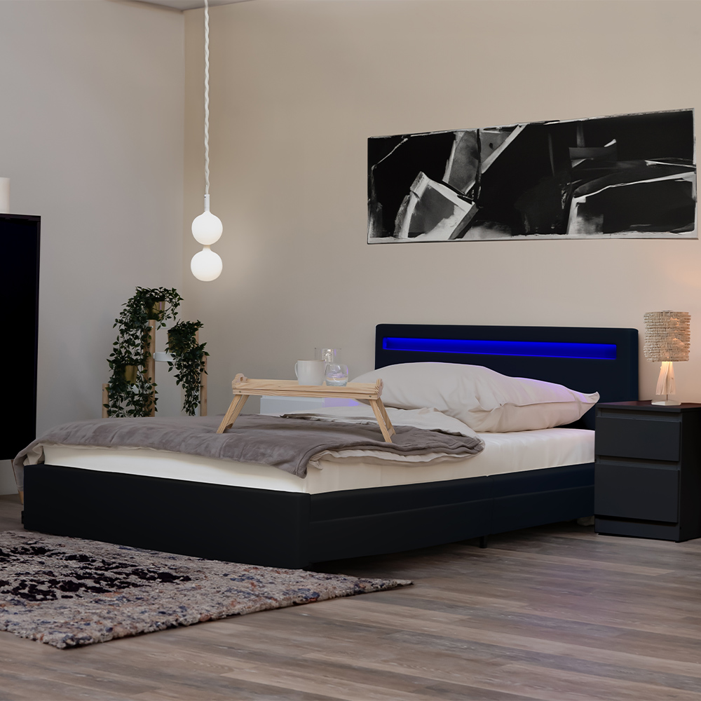 Cama LED con cajones y colchón nube - 140 x 200 cm negro