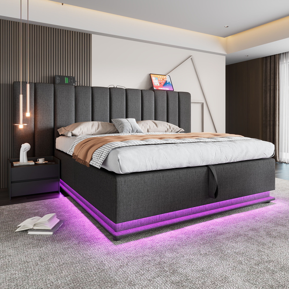 Cama tapizada 180x200cm con canapé, LED y carga usb-c lino – gris
