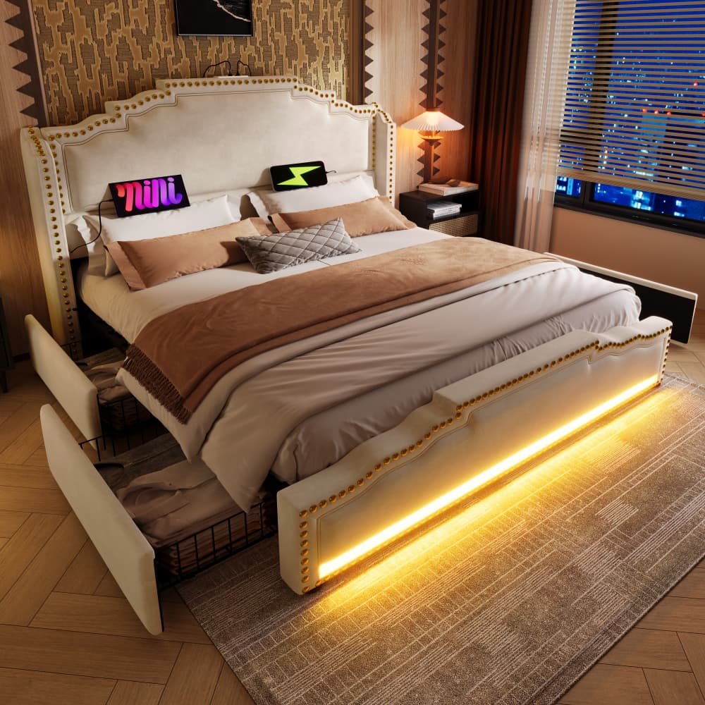Cama tapizada 160x200cm con 4 cajones, LED y usb-c terciopelo beige