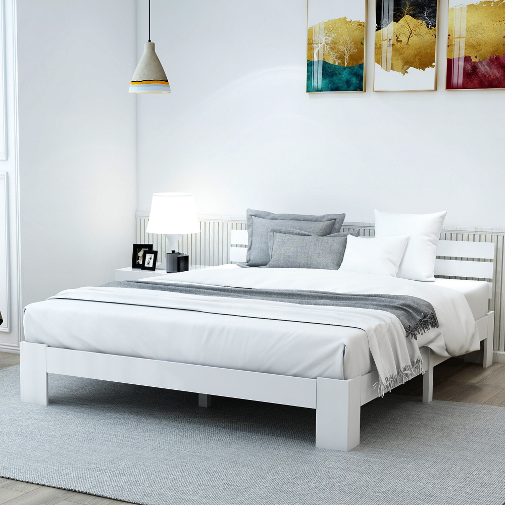 Cama doble 140x200cm con cabecero y somier pino macizo – blanco
