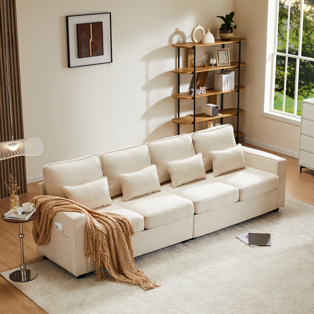 Sofá 4 plazas de lino beige con 4 cojines y bolsillos laterales