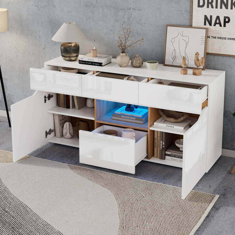 Aparador con 4 cajones y 2 puertas blanco y madera natural 70x140x40cm