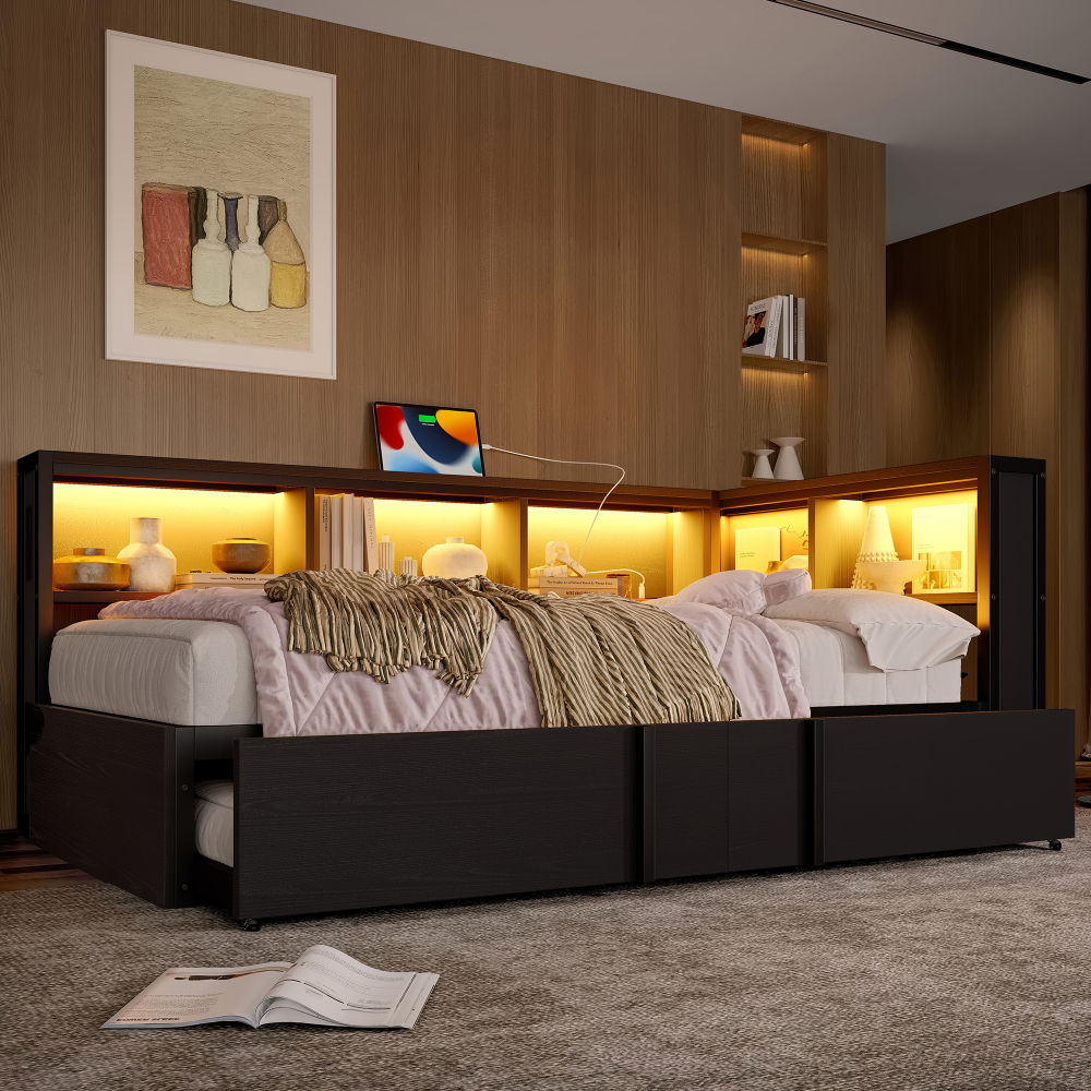 Cama nido metálica 90x200 cm con almacenaje, LED y usb – color negro