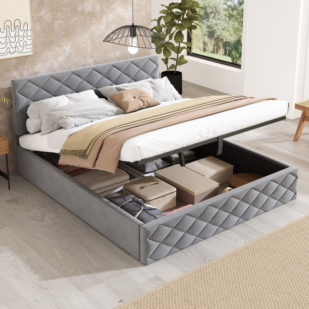 Cama 140x200 terciopelo gris con canapé abatible y somier