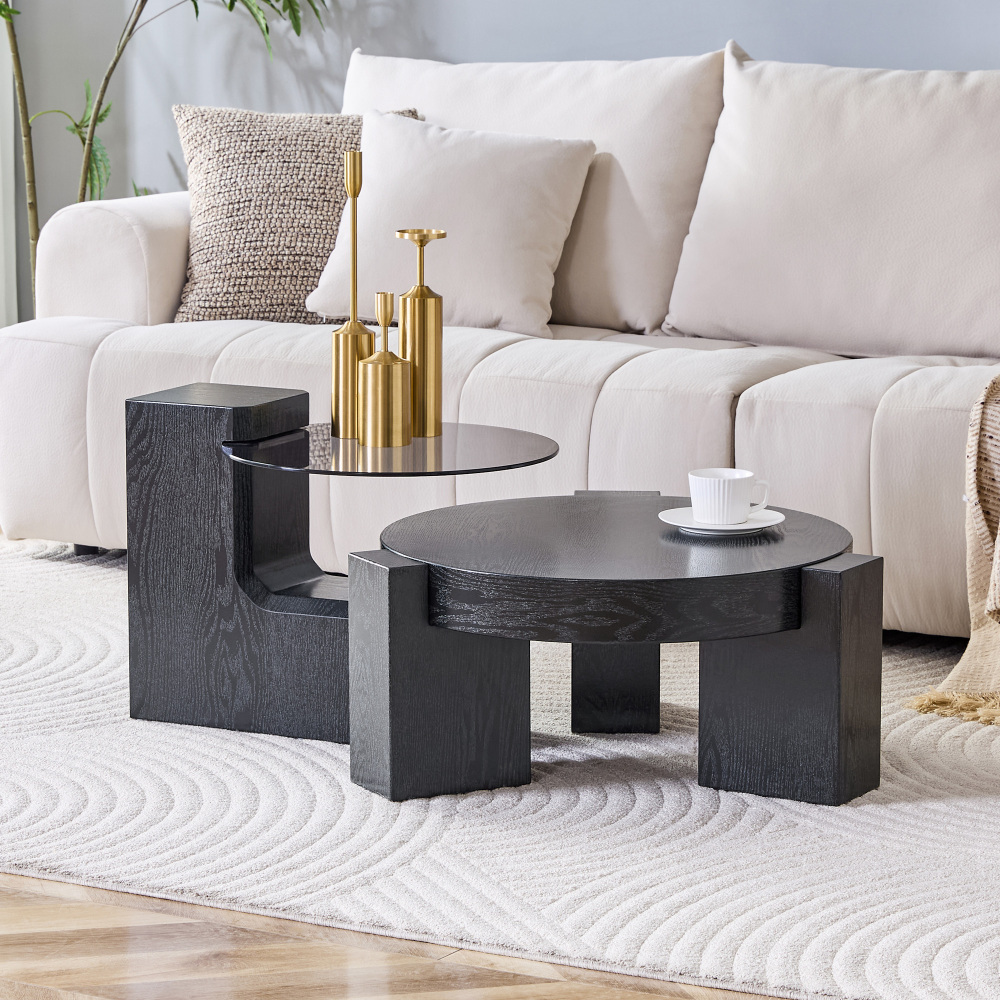 Mesa de centro con mesa auxiliar mdf y cristal gris negro 30x61x61cm