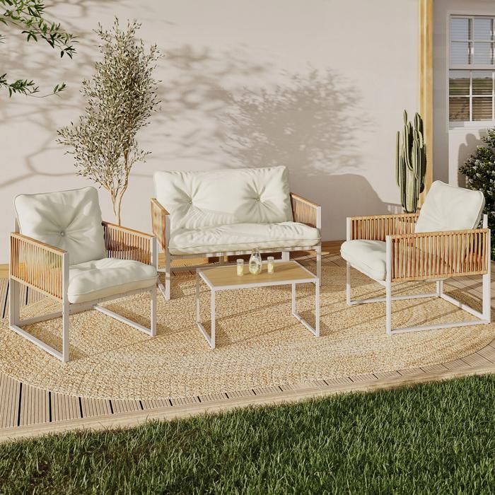 Salón de jardín bajo de 4 plazas blanco de acero y ratán