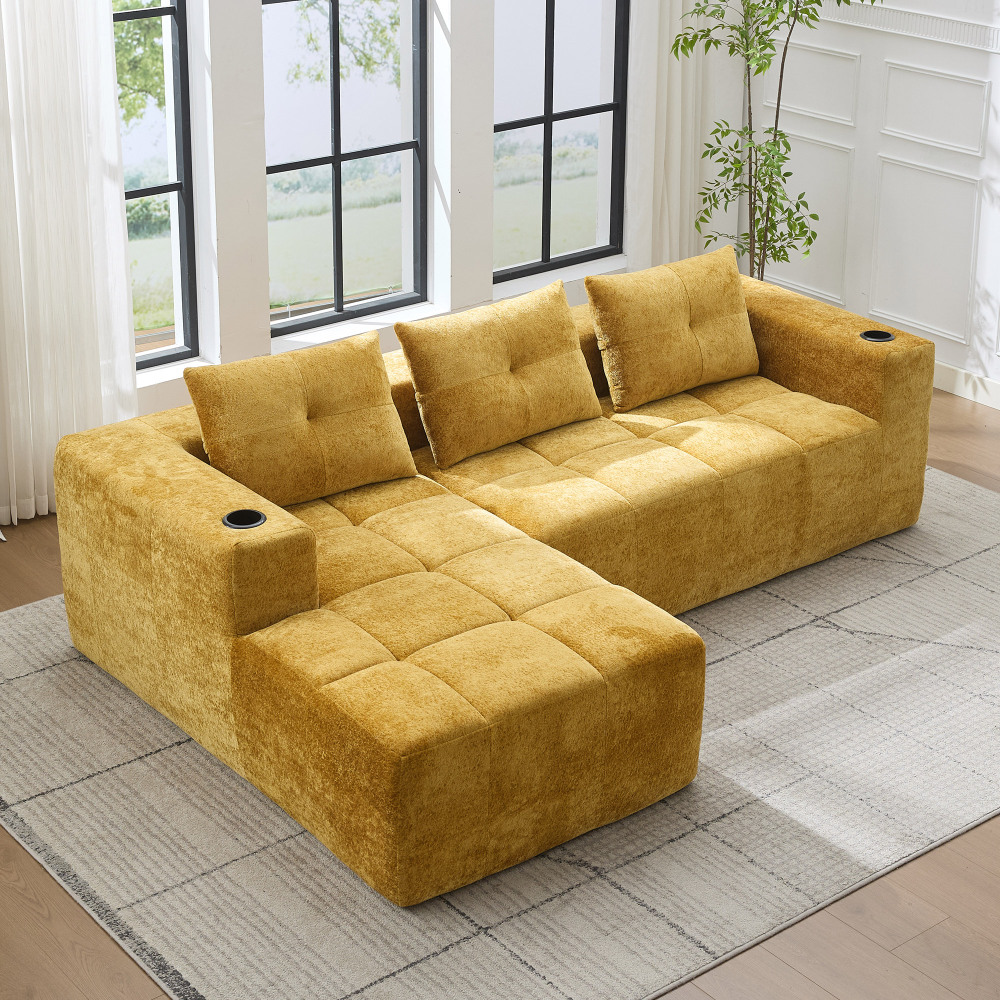 Sofá en l tapizado de chenilla amarillo 4-5 plazas 258 cm con portavasos