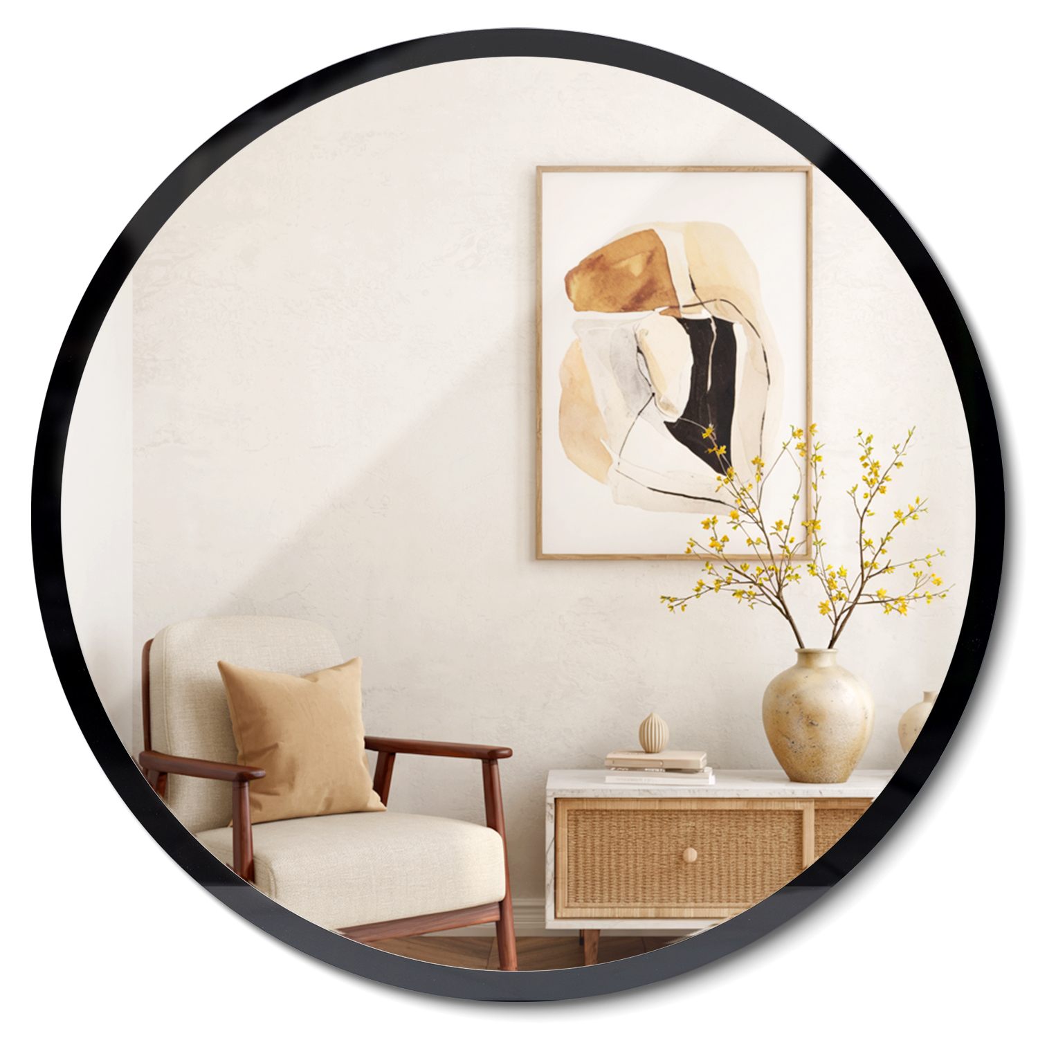 Espejo redondo de pared marco de cristal negro elegante moderno 60 cm