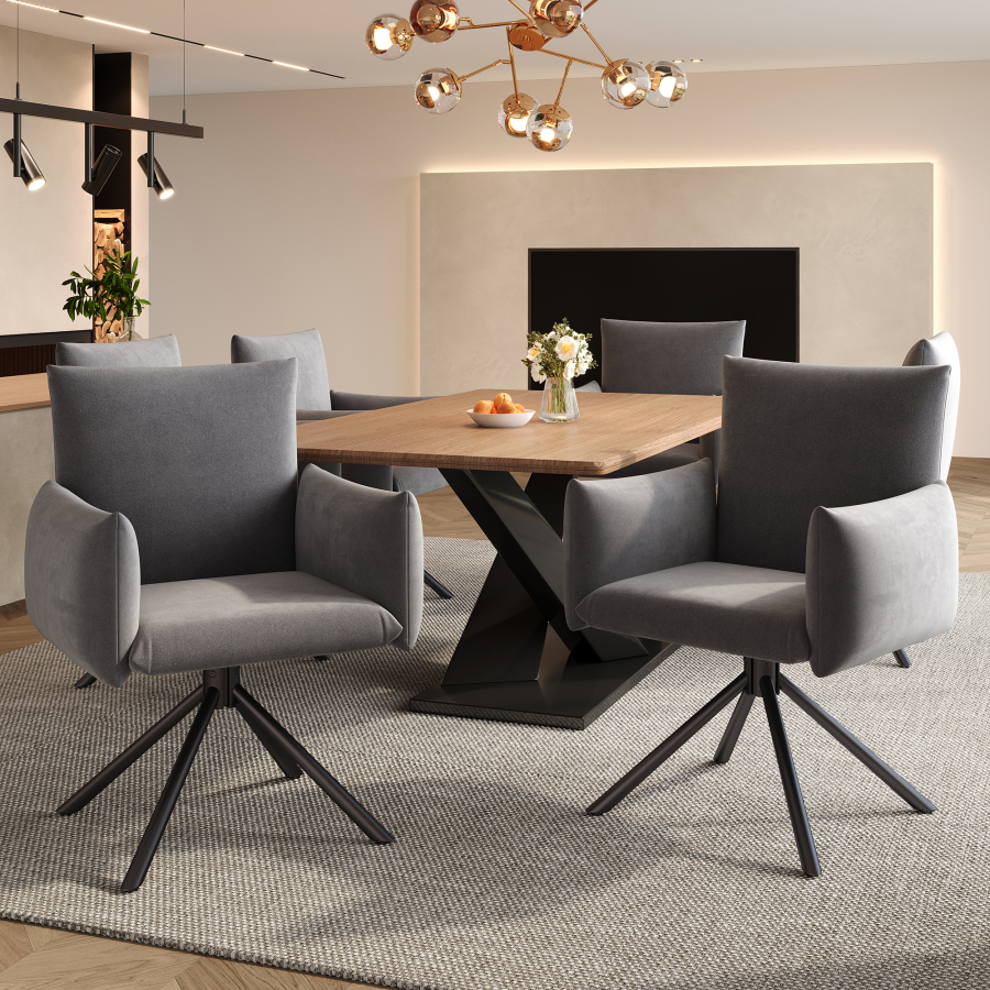 Set de 6 sillas comedor giratorias gris de terciopelo con brazos