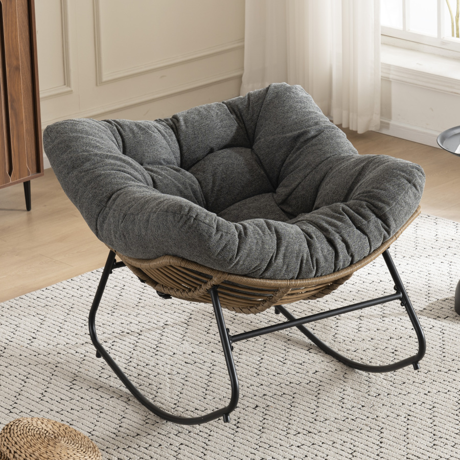 Sillón mecedor de chenilla gris para salón dormitorio estudio y terraza