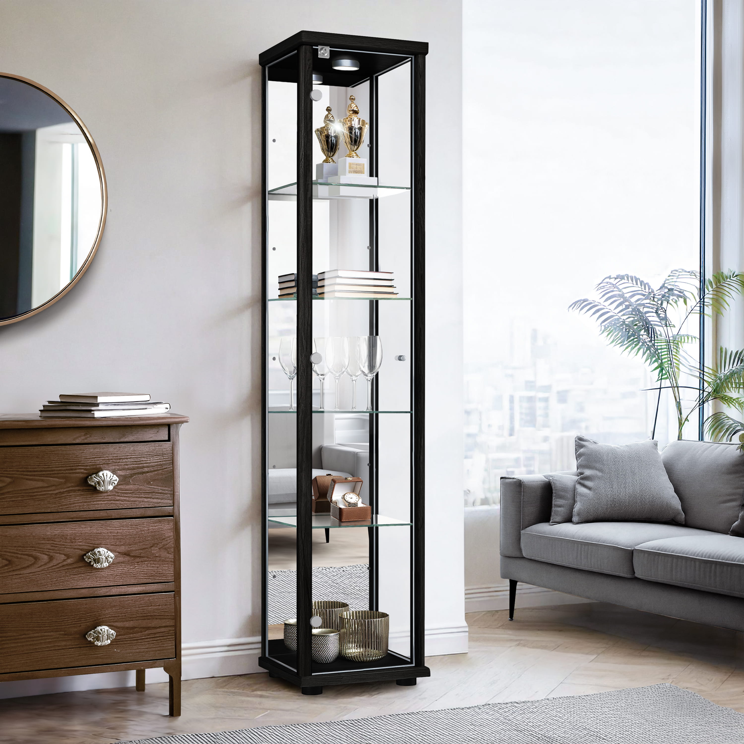 K-möbel vitrina cristal negro 176x37x33 cm con espejo, LED, cerradura