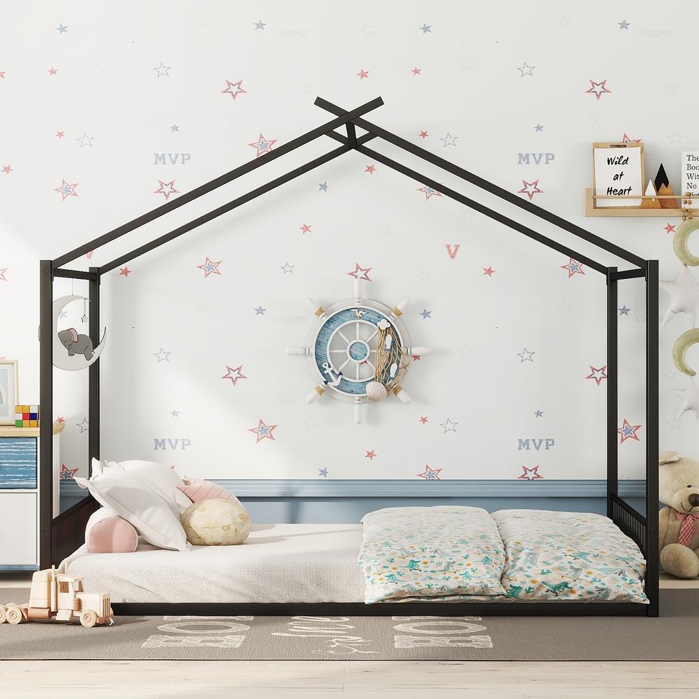Cama infantil tipo casa 140x200cm negra con marco de metal robusto